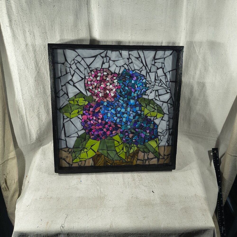 Original Glass Mosaic Artwork " Hydrangeaceae" 18" X 18" By Timothy Designs